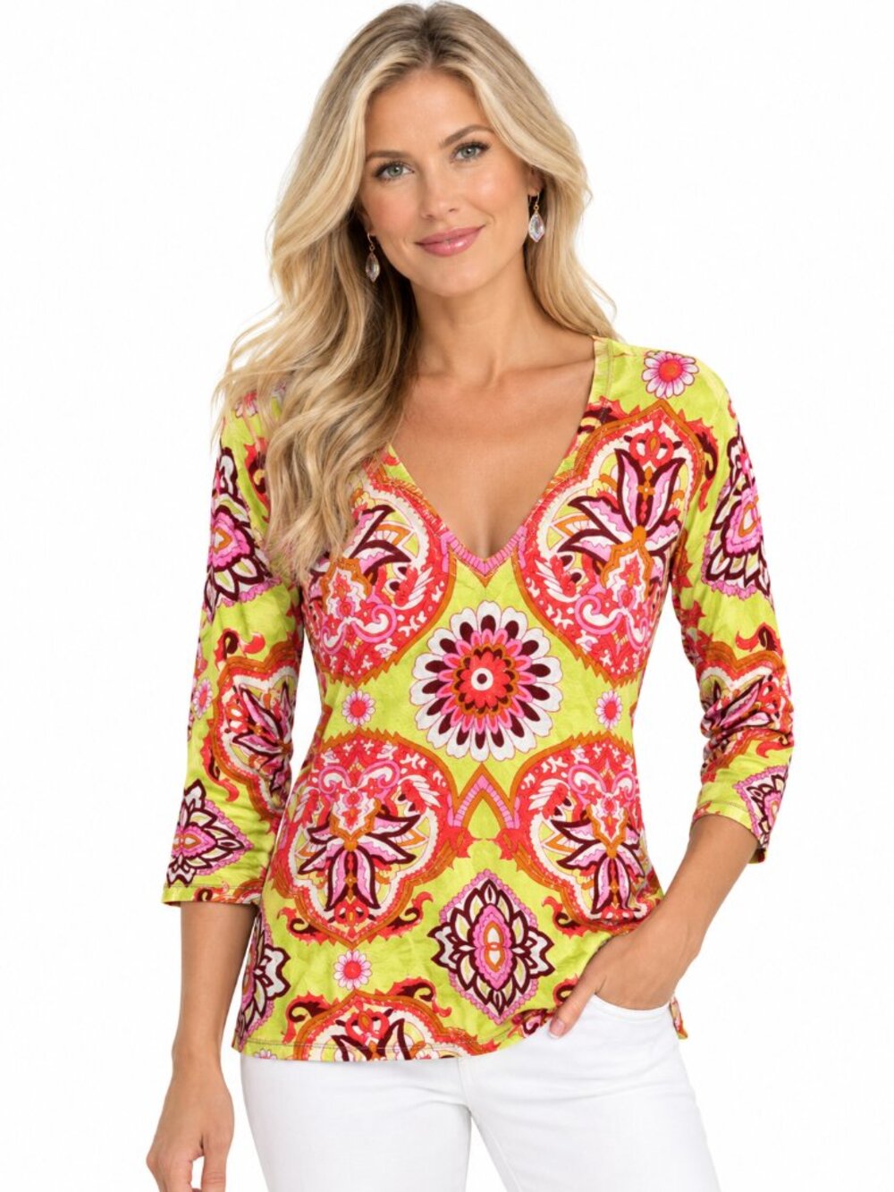 Cyrus Colorful Floral V-Neck Pullover Sweater Top Size Small